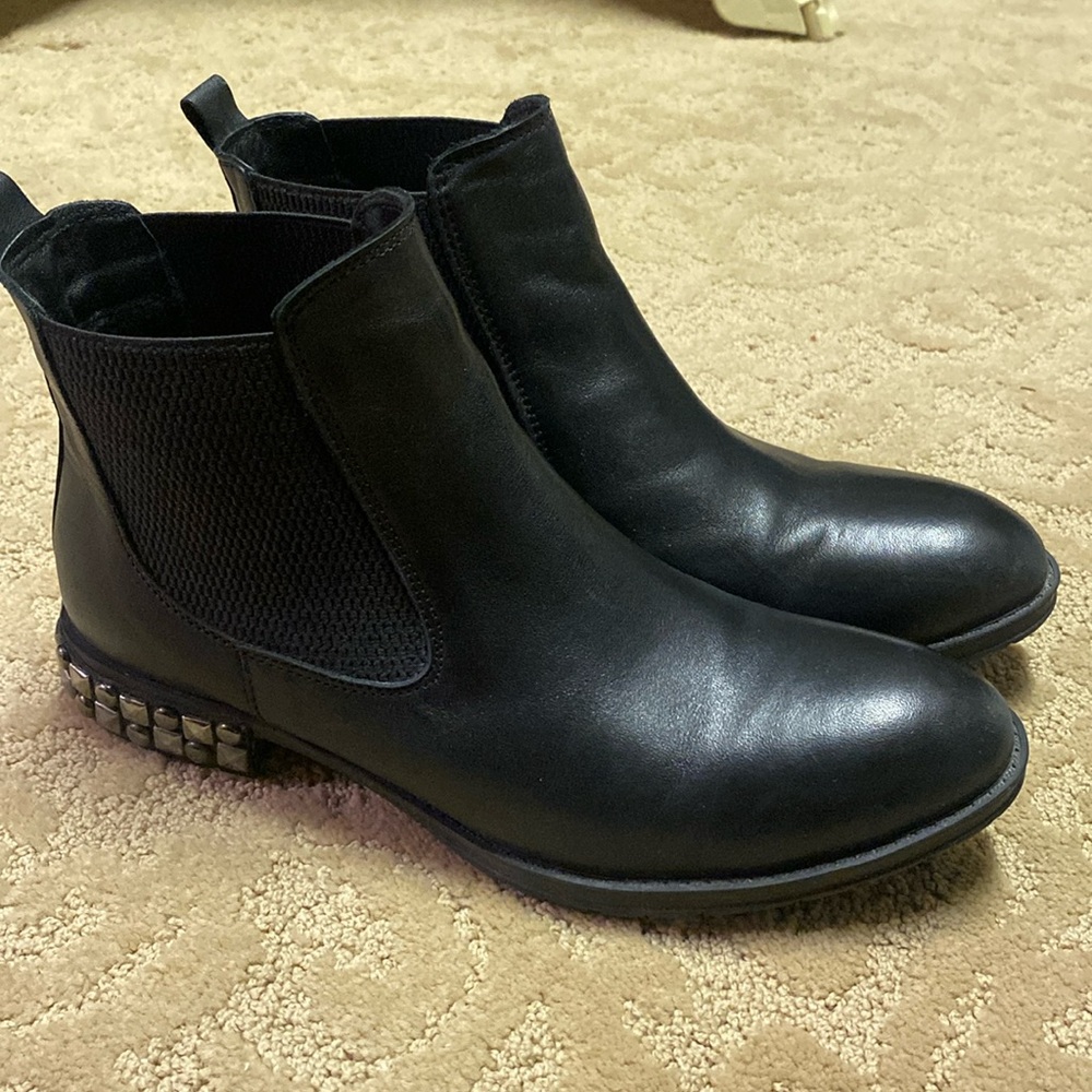 Bueno ankle boots, stretch pull-ups with silver studs on heel.